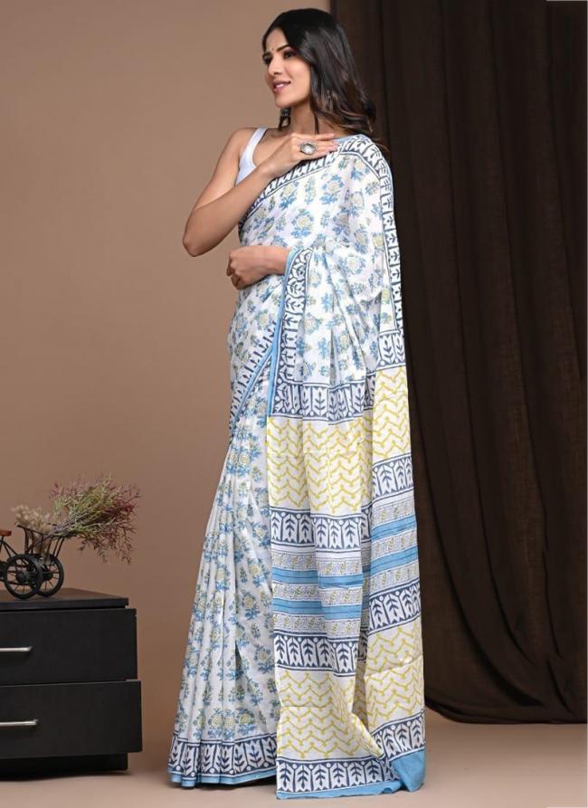 Cotton White Daily Wear Printed Saree